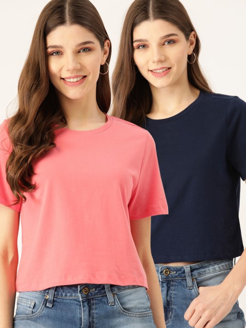 

DressBerry Women Pack of 2 Solid Pure Cotton Round Neck T-shirts, Pink