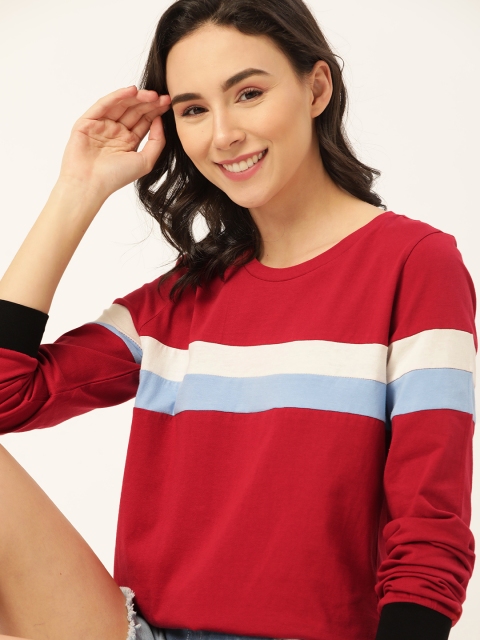 

DressBerry Women Maroon & Blue Striped Pure Cotton Round Neck T-shirt