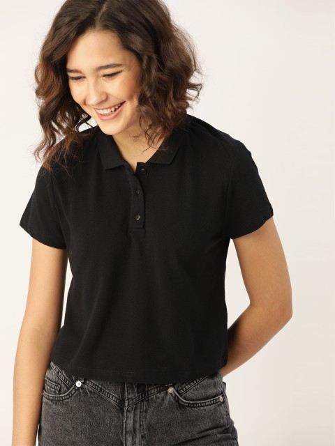 

DressBerry Women Black Polo Collar T-shirt
