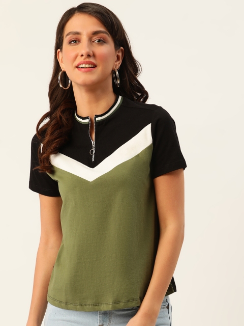 

DressBerry Women Olive Green & Black Colourblocked Henley Neck T-shirt