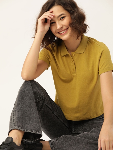 

DressBerry Women Mustard Solid Pure Cotton Polo Collar Pure Cotton T-shirt