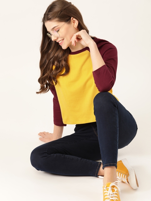 

DressBerry Women Mustard Yellow Solid Pure Cotton Round Neck T-shirt