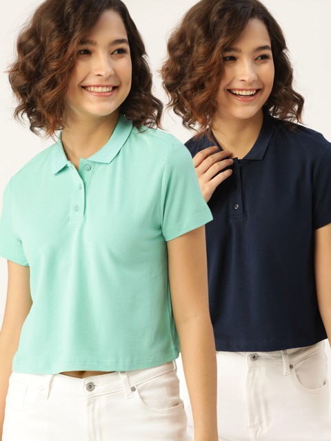 

DressBerry Women Pack Of 2 Solid Polo Collar Cropped Pure Cotton T-shirts, Green