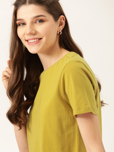 

DressBerry Women Mustard Yellow Solid Pure Cotton Round Neck T-shirt