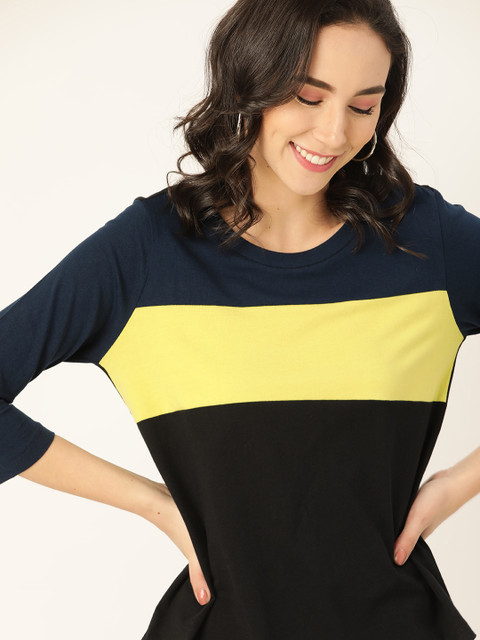 

DressBerry Women Black & Lime Green Pure Cotton Colourblocked Round Neck T-shirt