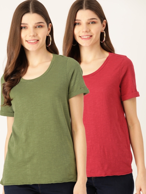 

DressBerry Women Pack of 2 Solid Pure Cotton T-shirts, Olive