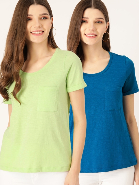 

DressBerry Women Solid Pack of 2 Solid Pure Cotton Round Neck T-shirts, Green