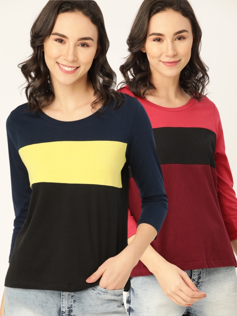 

DressBerry Women Pack of 2 Colourblocked Pure Cotton Round Neck T-shirts, Maroon