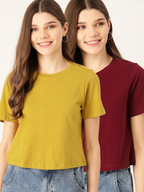 

DressBerry Women Pack of 2 Solid Pure Cotton Round Neck T-shirts, Mustard