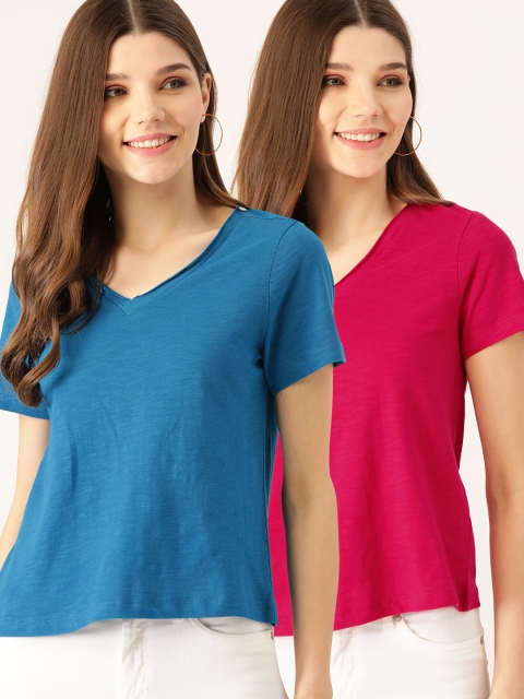 

DressBerry Women Pack of 2 Solid Pure Cotton V-Neck T-shirts, Blue