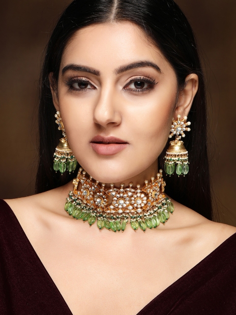 

rubans LUXURY 24K Gold-Plated Green & White Kundan-Studded Beaded Handcrafted Jewellery Set
