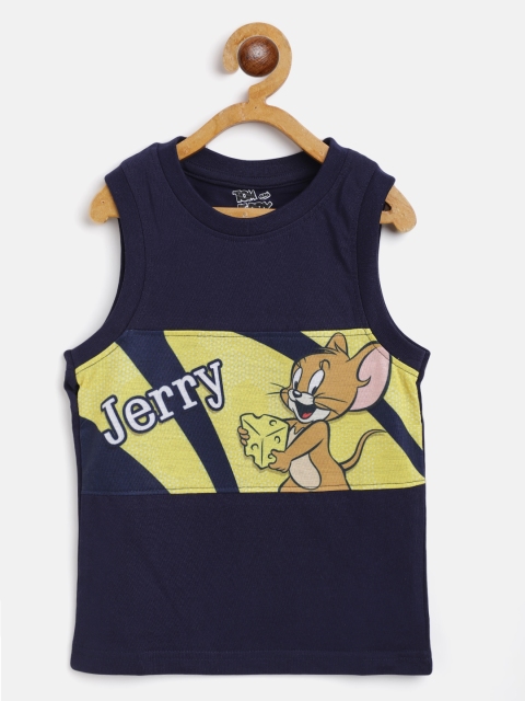 

Eteenz Boys Navy Blue & Yellow Jerry Printed Sleeveless T-shirt