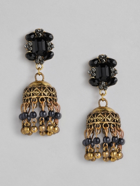 

Anouk Black Antique Gold-Plated Studded Dome Shaped Jhumkas