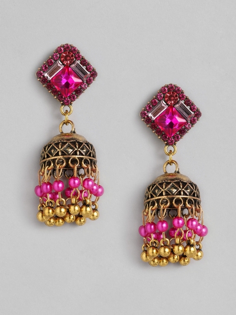 

Anouk Antique Gold-Plated Pink Studded Dome Shaped Jhumkas