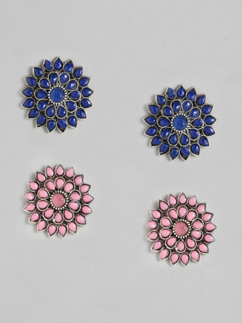 

Anouk Set of 2 Silver-Plated Floral Handcrafted Embellished Stud Earrings, Blue