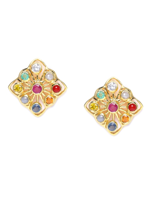 

Gehna 925 Sterling Silver Multicoloured Rhodium-Plated Navaratna Geometric Oversized Studs, Multi