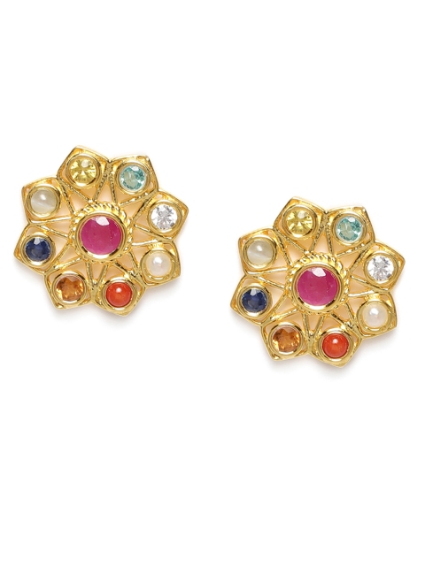 

Gehna 925 Sterling Silver Multicoloured Rhodium-Plated Navaratna Circular Studs, Multi