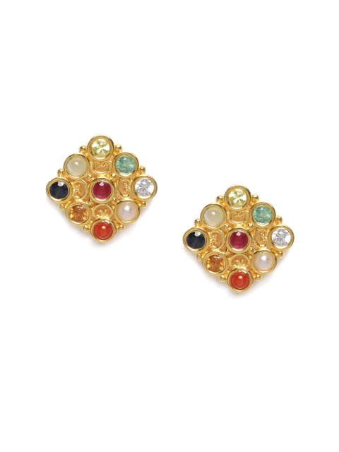 

Gehna 925 Sterling Silver Multicoloured Rhodium-Plated Navaratna Geometric Studs, Multi