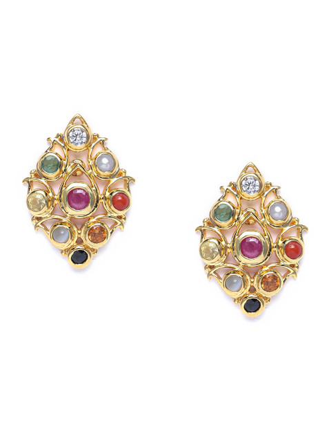 

Gehna 925 Sterling Silver Multicoloured Rhodium-Plated Navaratna Geometric Oversized Studs, Multi