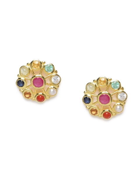 

Gehna 925 Sterling Silver Multicoloured Rhodium-Plated Navaratna Circular Studs, Multi
