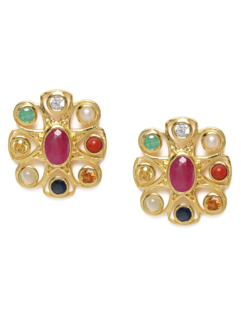 

Gehna 925 Sterling Silver Multicoloured Rhodium-Plated Navaratna Classic Studs, Multi