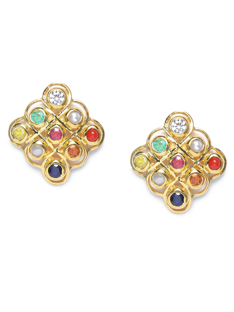 

Gehna 925 Sterling Silver Multicoloured Rhodium-Plated Navaratna Geometric Oversized Studs, Multi