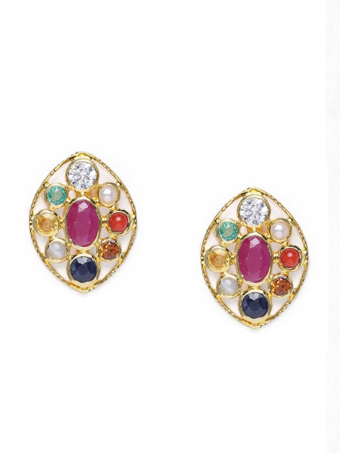 

Gehna 925 Sterling Silver Multicoloured Rhodium-Plated Navaratna Geometric Oversized Studs, Multi