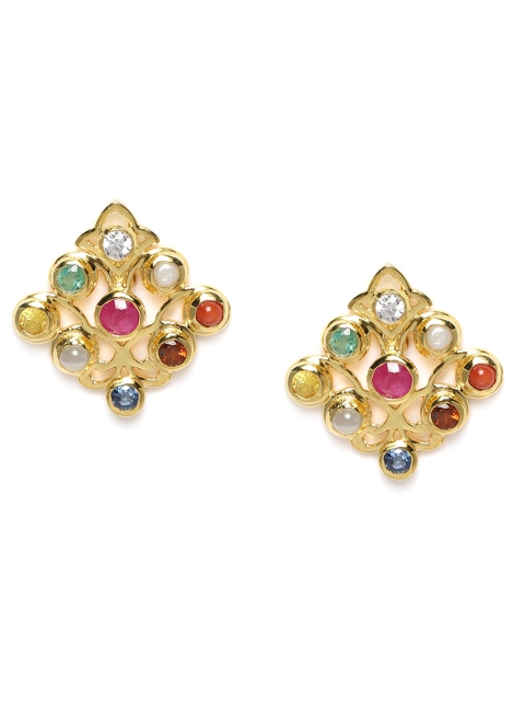 

Gehna 925 Sterling Silver Multicoloured Rhodium-Plated Navaratna Studs, Multi