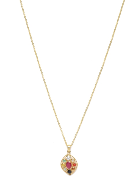 

Gehna Rhodium-Plated 925 Sterling Silver Navaratna Pendant With Chain, Gold