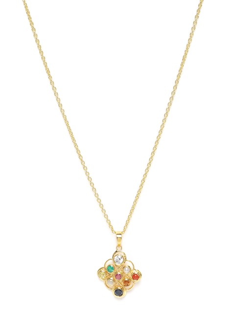 

Gehna Rhodium-Plated 925 Sterling Silver Navaratna Pendant With Chain, Gold