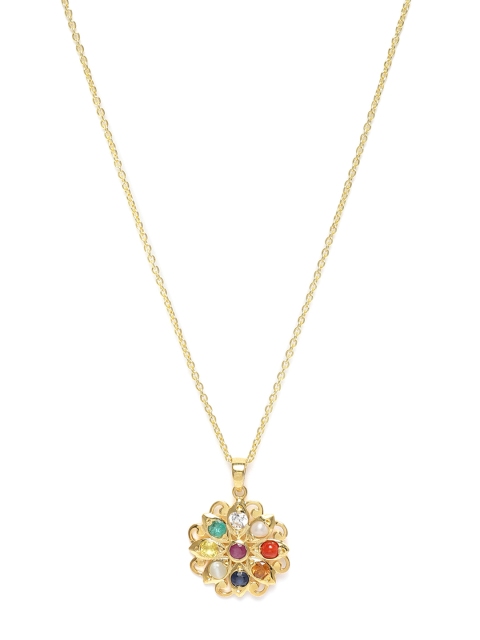 

Gehna Rhodium-Plated 925 Sterling Silver Navaratna Pendant With Chain, Gold