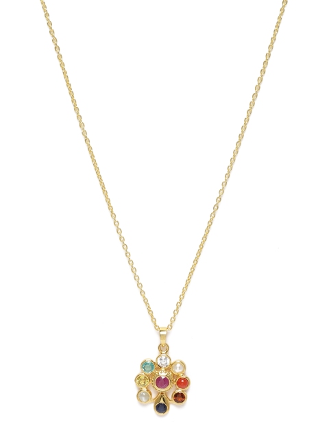 

Gehna Rhodium-Plated 925 Sterling Silver Navaratna Pendant With Chain, Gold