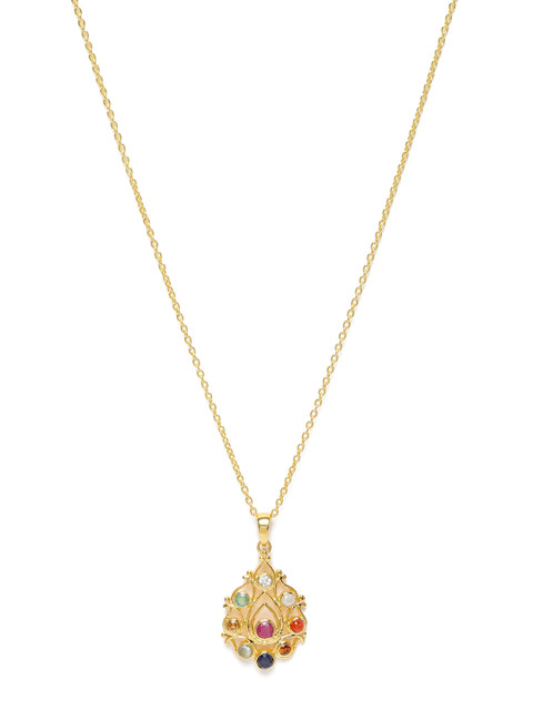 

Gehna Rhodium-Plated 925 Sterling Silver Navaratna Pendant With Chain, Gold
