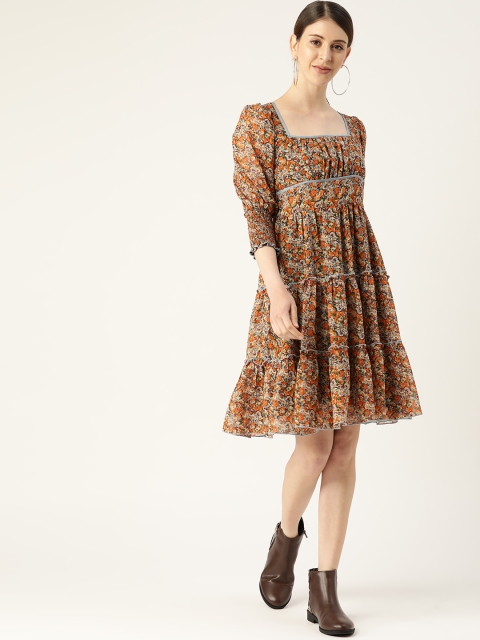 

Antheaa Women Orange & Blue Floral Print Tiered A-Line Dress