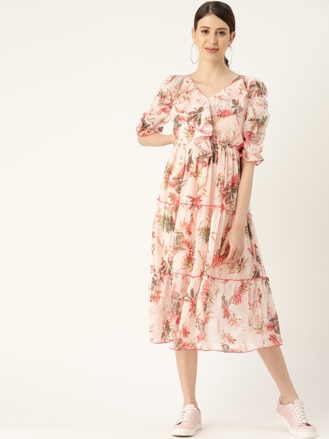

Antheaa Women Pink & Green Floral Printed A-Line Tiered Dress With Ruffles & Puff Sleeves