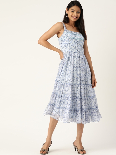 

Antheaa Women Blue Floral Printed Tiered Fit and Flare Dress