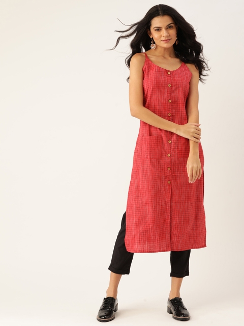 

Sangria Women Coral Red & Navy Blue Cotton Checked Straight Kurta