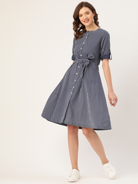 

Sangria Navy Blue & White Striped Pure Cotton Shirt Dress
