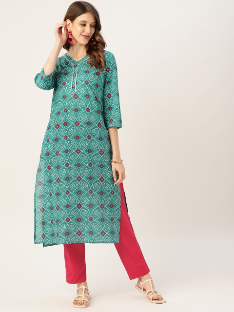 

Sangria Women Green & Pink Tribal Printed Thread Work Kurta