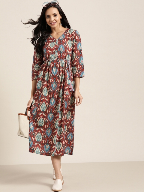 

Sangria Rust Brown & Blue Ethnic Motifs Ethnic A-Line Midi Dress