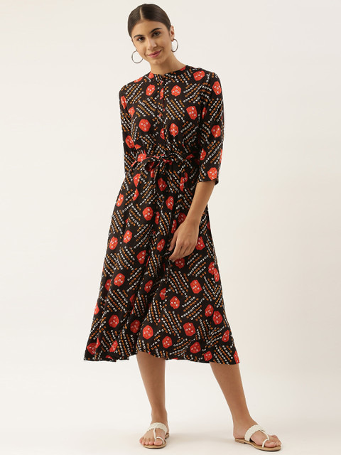 

Sangria Black & Red Ethnic Motifs A-Line Midi Dress