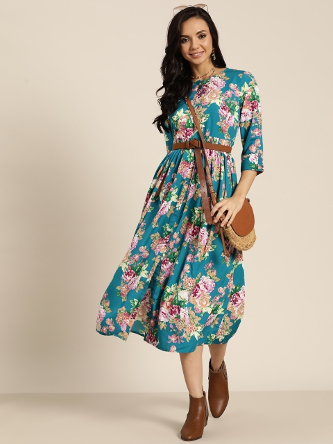 

Sangria Blue & Pink Floral Print Fit & Flare Midi Dress