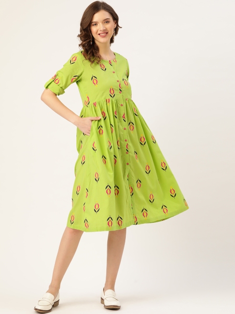 

Sangria Green & Pink Ethnic Motifs Pure Cotton A-Line Dress