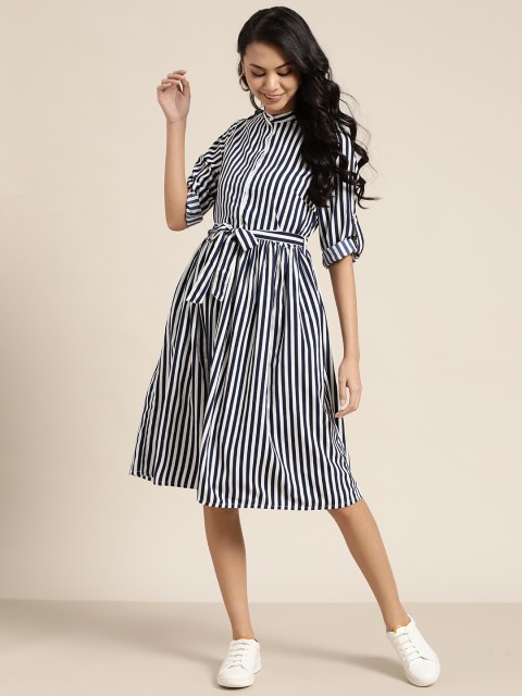 

Sangria White & Navy Blue Striped A-Line Midi Dress & Belt