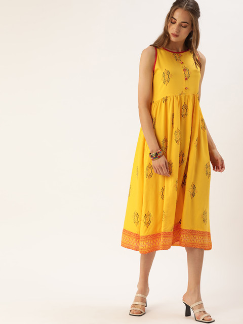 

Sangria Yellow Tribal Print Shoulder Strap Midi Dress
