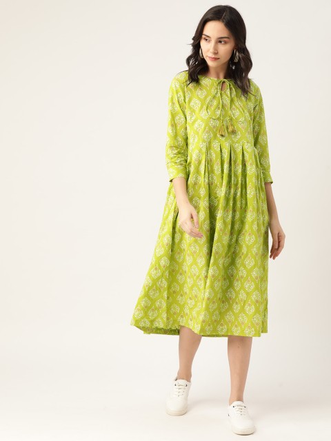 

Sangria Women Green Cotton Ethnic Motifs Printed Tie-Up Neck A-Line Midi Dress