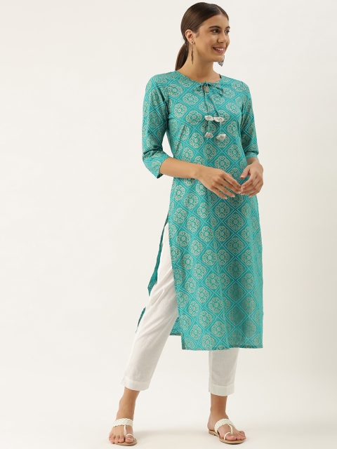 

Sangria Women Sea Green Pure Cotton Ethnic Motifs Printed Kurta with Trousers