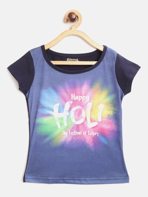 

Eteenz Girls Navy Blue Pink Holi Inspired Print Round Neck Pure Cotton T-shirt