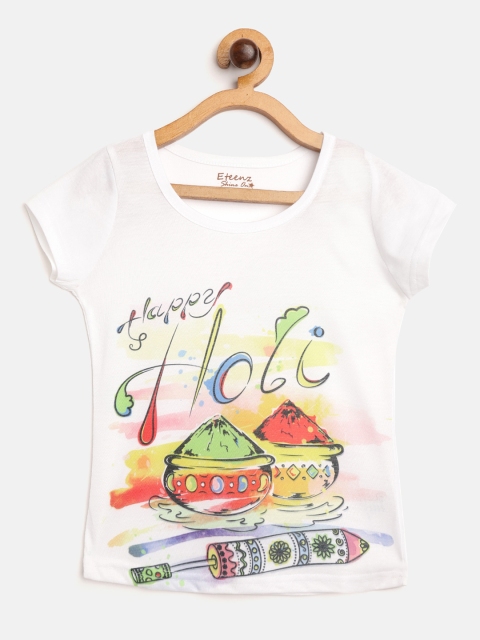 

Eteenz Girls White Red Holi Inspired Print Round Neck Pure Cotton T-shirt