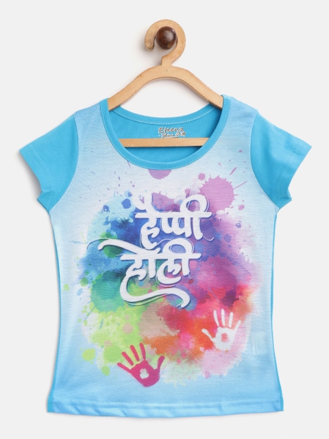 

Eteenz Girls Blue Pink Holi Inspired Print Round Neck Pure Cotton T-shirt